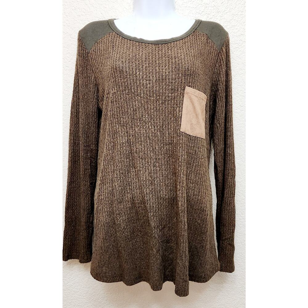 Mai Soli Brown Green Waffle Knit Contrasting Trim Top Large Patches on Elbows